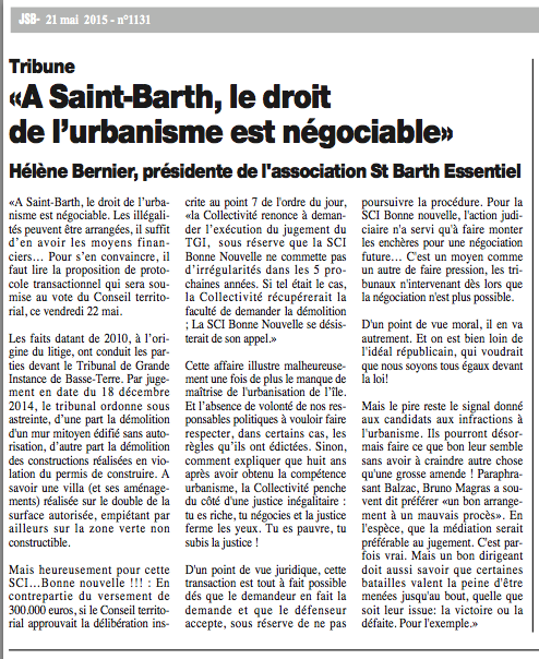 JOURNAL DE ST BARTH N°1131 : « A St-Barth, le droit de l’urbanisme est négociable », Mai 2015